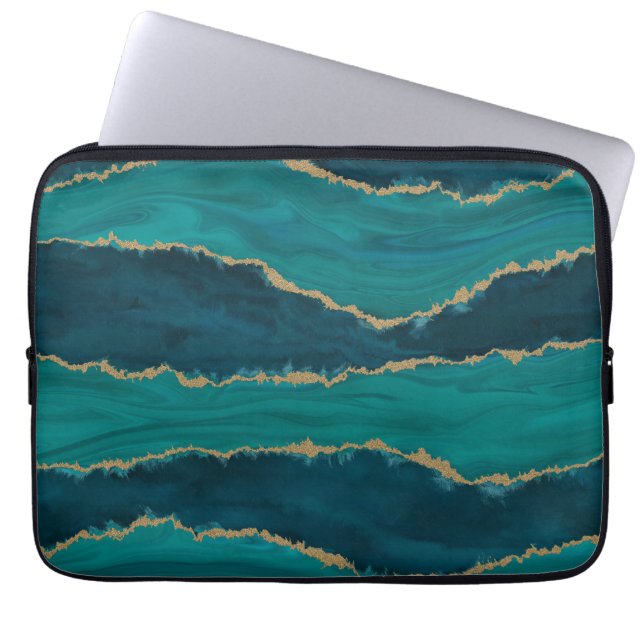 Capa Para Notebook Teal Agate Waves – Abstract Marble with Gold (Frente)