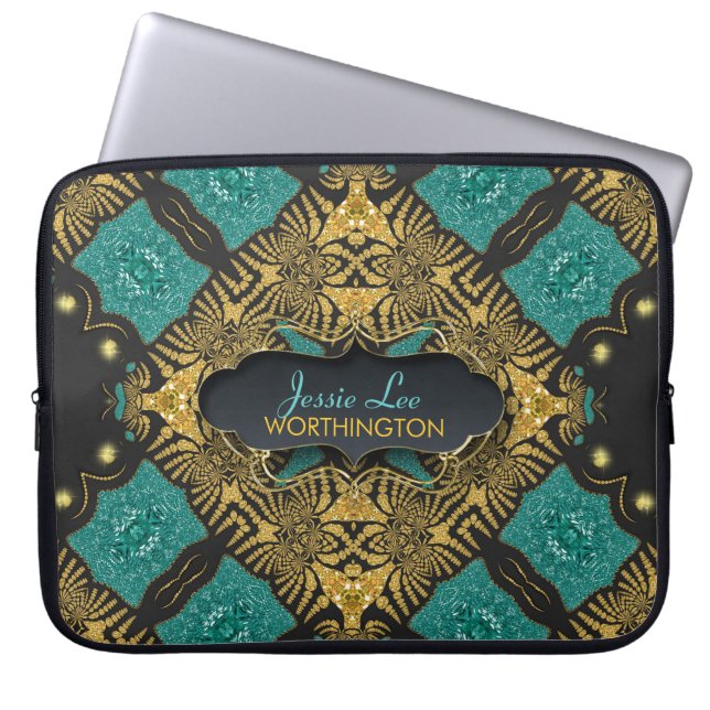 Capa Para Notebook Teal & Black Dourado Arabesque Tribal Bolsa de lap (Frente)