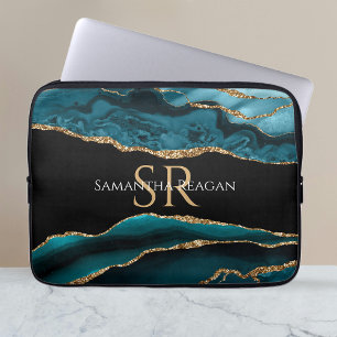 Capa Para Notebook Teal Black e Dourado Agate, DIY Name & Monograma V