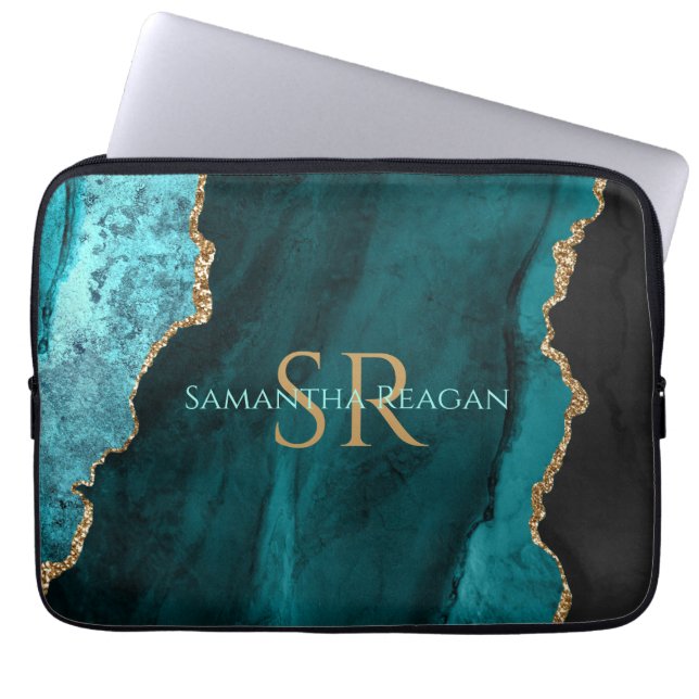 Capa Para Notebook Teal, Preto e Agato Dourado, Nome do DIA e Monogra (Frente)