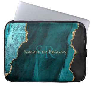 Capa Para Notebook Teal, Preto e Dourado Agate, DIY Dourado Name & Mo