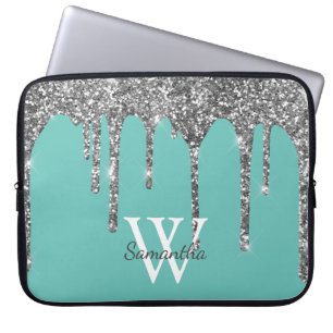Capa Para Notebook Teal Silver Glitter Drives Sparkle Monograma Nome
