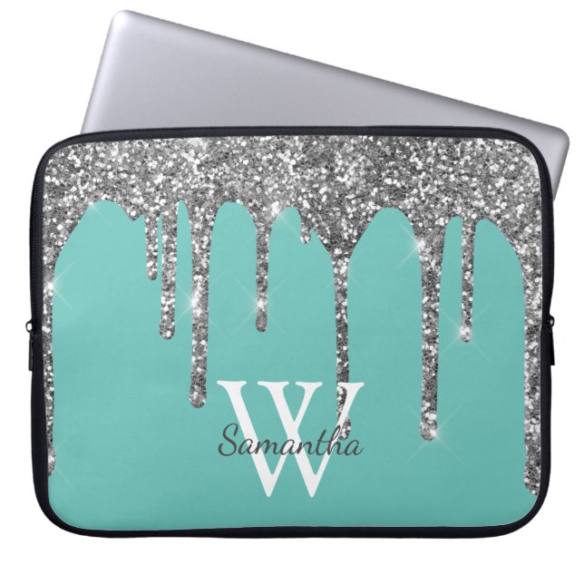 Capa Para Notebook Teal Silver Glitter Drives Sparkle Monograma Nome (Frente)