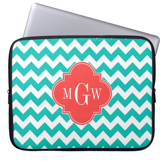 Capa Para Notebook Teal White Chevron Coral Quatrefoil 3 Monograma (Frente)
