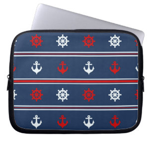 Capa Para Notebook Teste padrão náutico branco e azul vermelho