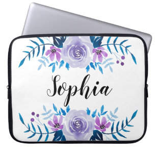 Capa Para Notebook Texto Personalizado de Texto Floral Púrpura Azul-