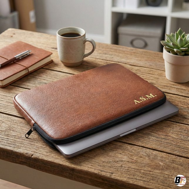 Capa Para Notebook Textura de Couro Marrom Monograma Personalizado (Criador carregado)