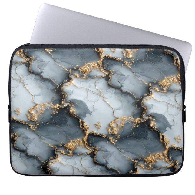 Capa Para Notebook Textura de Mármore Azul Escuro com Veias de Ouro L (Frente)