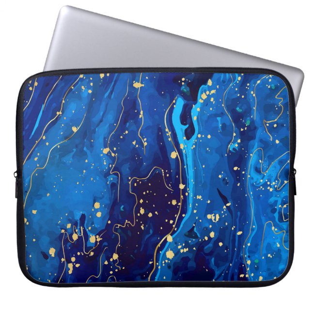 Capa Para Notebook Textura Dourada de mármore azul luxuosa (Frente)