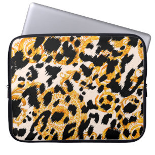 Capa Para Notebook Textura leopardo com padrão barroco-ouro