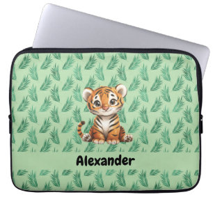 Capa Para Notebook Tigre de desenho animado em folhas tropicais