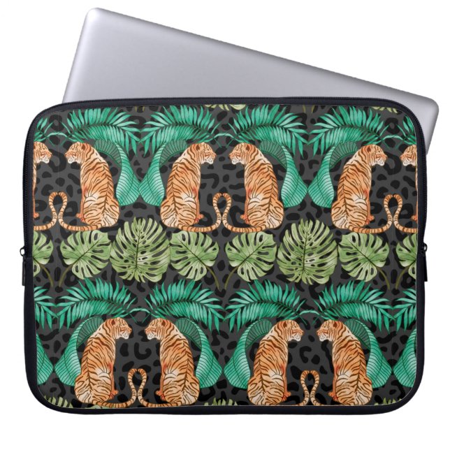 Capa Para Notebook Tigre e Folhas em Padrão Sem Costura (Frente)