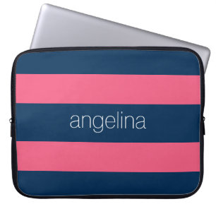Capa Para Notebook Tiras modernas de rugby, cor-de-rosa quente e Mari