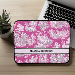 Capa Para Notebook Toile de jouy monograma floral rosa magenta vintag