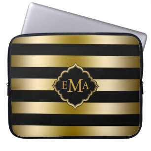 Capa Para Notebook Tons Dourados monogramados e padrão de faixas pret