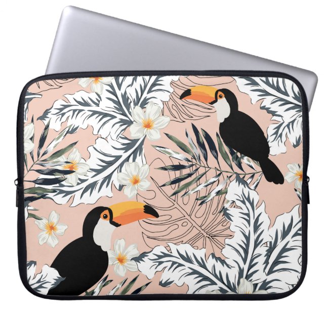 Capa Para Notebook Toucanos, Palmas, Plumeria: Rosa Tropical. (Frente)
