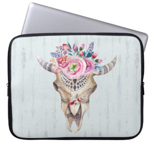 Capa Para Notebook Touro Floral Crânio Sobre Fundo Azul Claro