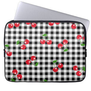 Capa Para Notebook Trendência de Gingham Preto e Cereja Vermelha Chic
