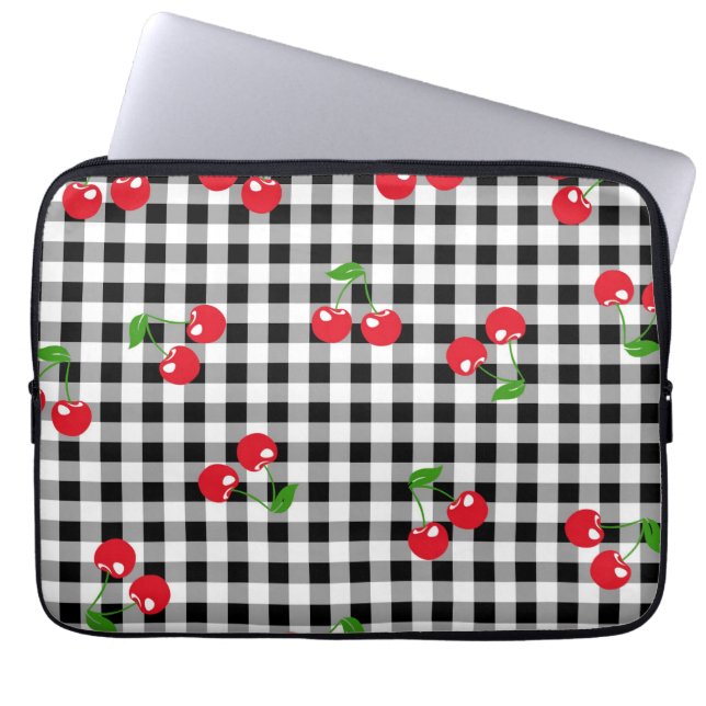 Capa Para Notebook Trendência de Gingham Preto e Cereja Vermelha Chic (Frente)