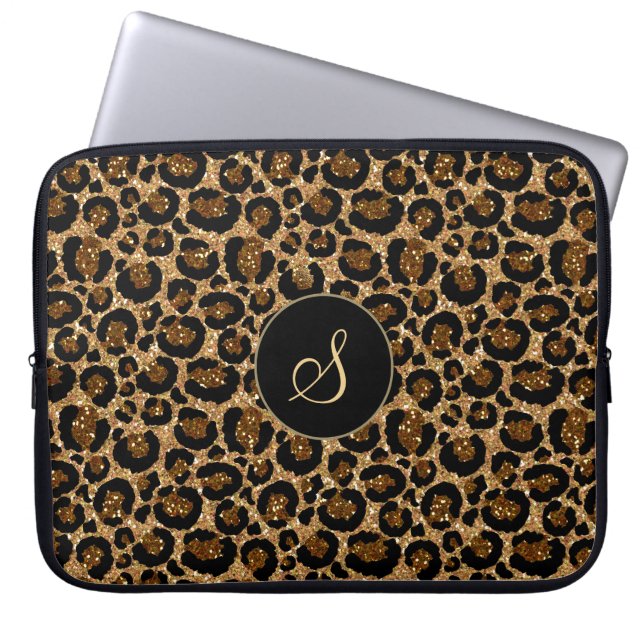 Capa Para Notebook Trendy Faux Glitter Leopard com Monograma (Frente)