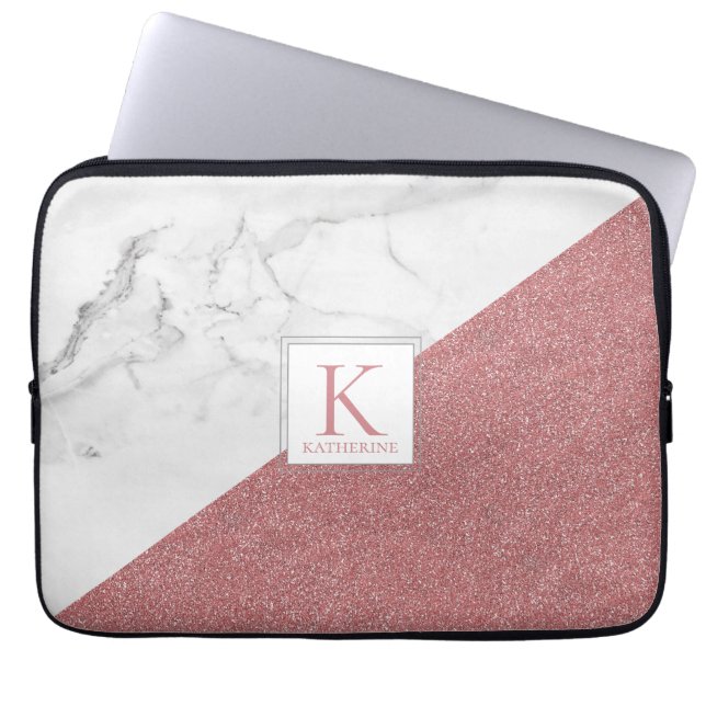 Capa Para Notebook Trendy Marble Blush Pink Glitter Girly Monograma (Frente)
