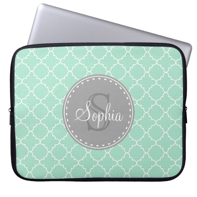 Capa Para Notebook Trendy Mint Trellis Pattern Monograma de Cinzas (Frente)