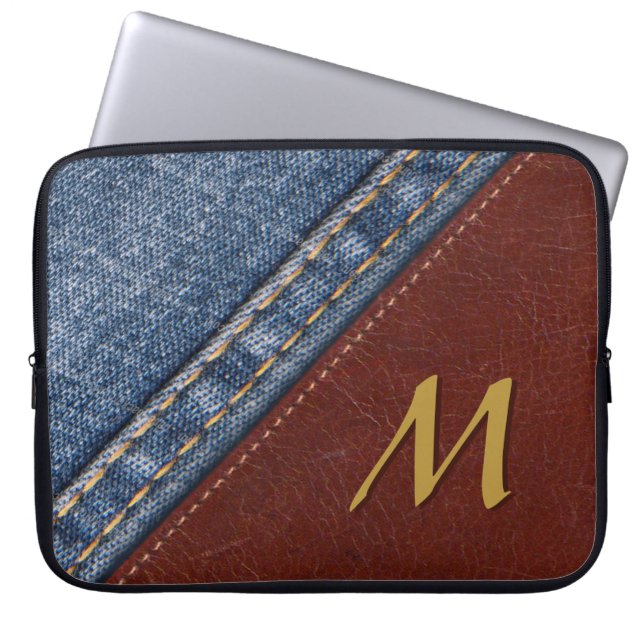 Capa Para Notebook Trendy Monograma Denim e Couro (Frente)