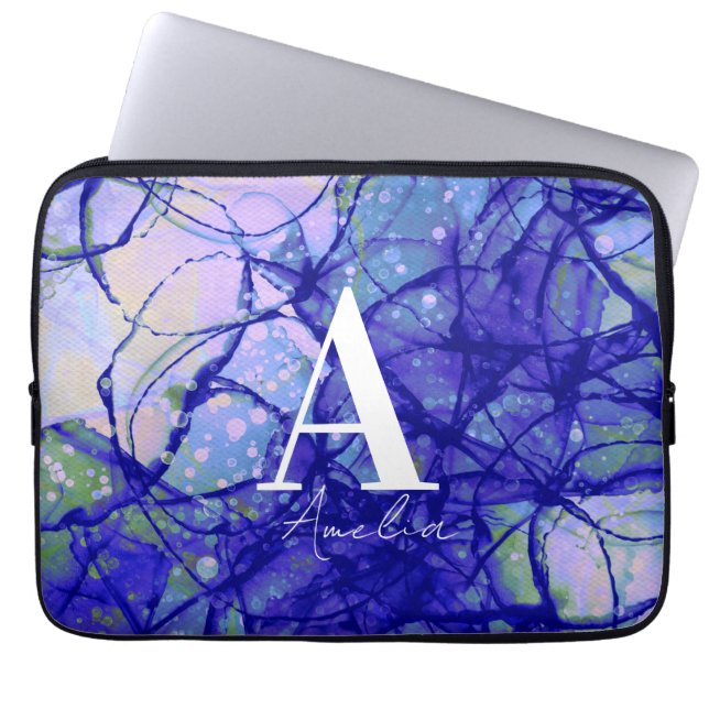 Capa Para Notebook Trendy Monograma Nome Personalizado Abstrato Azul (Frente)