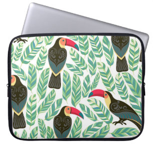 Capa Para Notebook Tucanos, folhas tropicais, padrão decorativo.