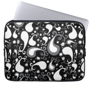 Capa Para Notebook Tulip Paisley Floral abstrato preto e branco