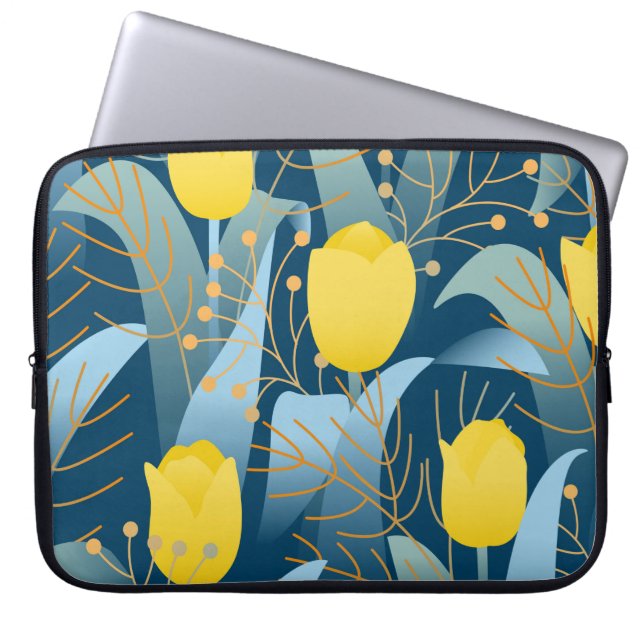 Capa Para Notebook Tulipas amarelas de padrão constante no fundo azul (Frente)
