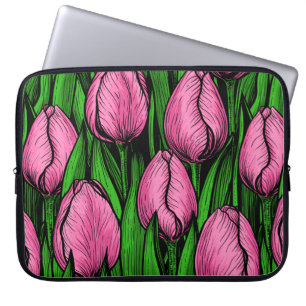 Capa Para Notebook Tulipas cor-de-rosa com folhas verdes