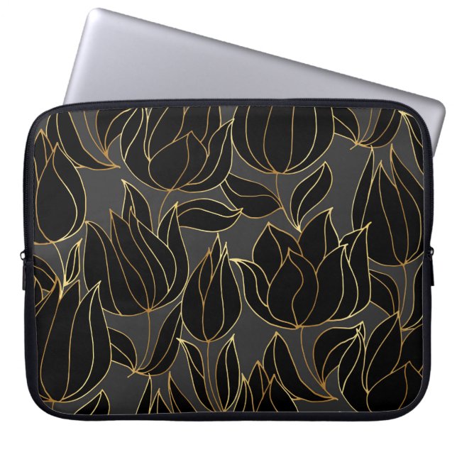 Capa Para Notebook Tulipas Douradas Pretas: Padrão Floral de Luxo (Frente)