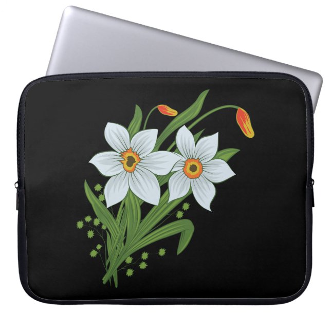 Capa Para Notebook Tulipas e Daffodils Flores Pretas Fundo (Frente)