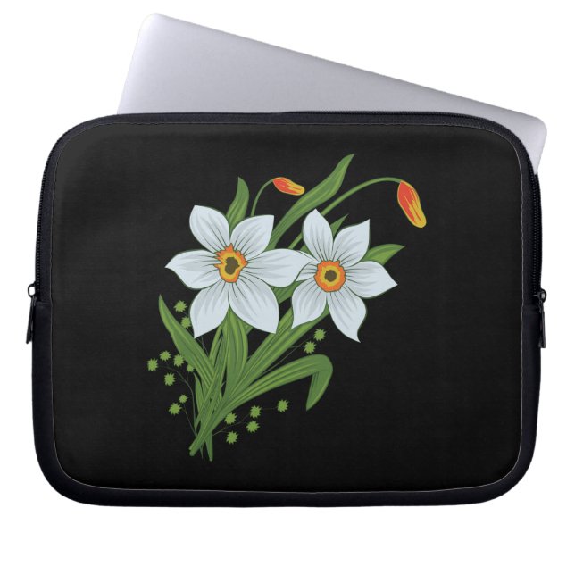 Capa Para Notebook Tulipas e Narcisos Flores Fundo Preto (Frente)