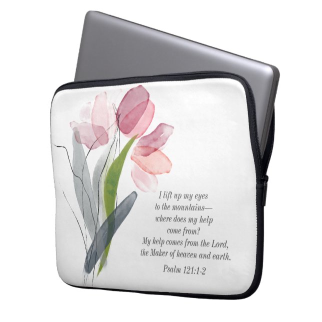 Capa Para Notebook Tulipas Rosa Clara Versículo Bíblico Cristão Branc (Frente Esquerda)