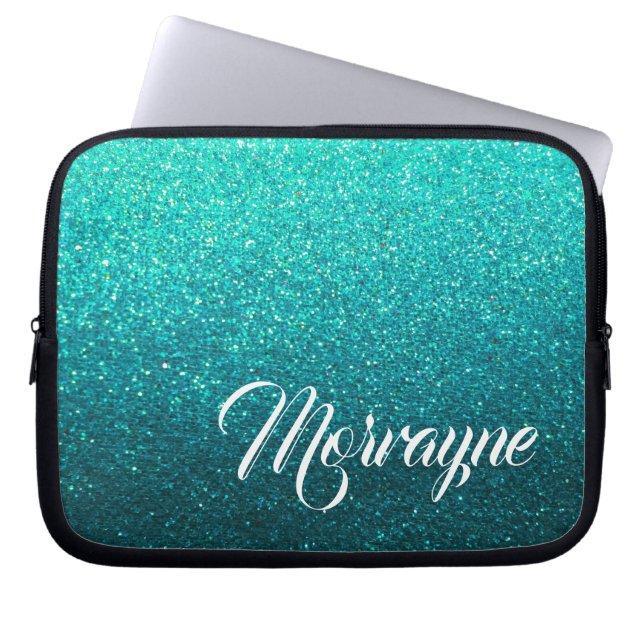 Capa Para Notebook Turquoise Glitter Glam Ombre Sparkles Nome do Rico (Frente)