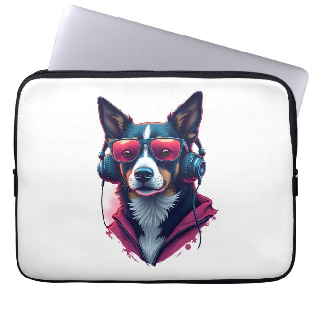 Capa Para Notebook Um cão Habu vestindo óculos de sol e fones de ouvi (Frente)