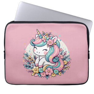 Capa Para Notebook Unicórnio e Flores, cor-de-rosa e azul