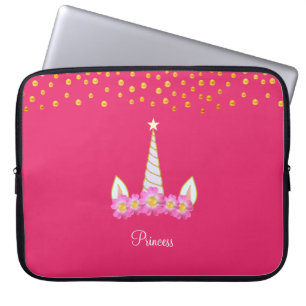 Capa Para Notebook Unicórnio, flores e confete dourado em rosa