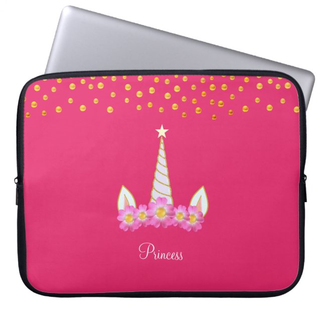 Capa Para Notebook Unicórnio, flores e confete dourado em rosa (Frente)