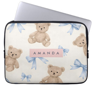 Capa Para Notebook Urso de Pelúcia Personalizado & Padrão de Laço Azu