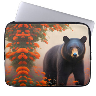 Capa Para Notebook Urso Negro em flores laranja