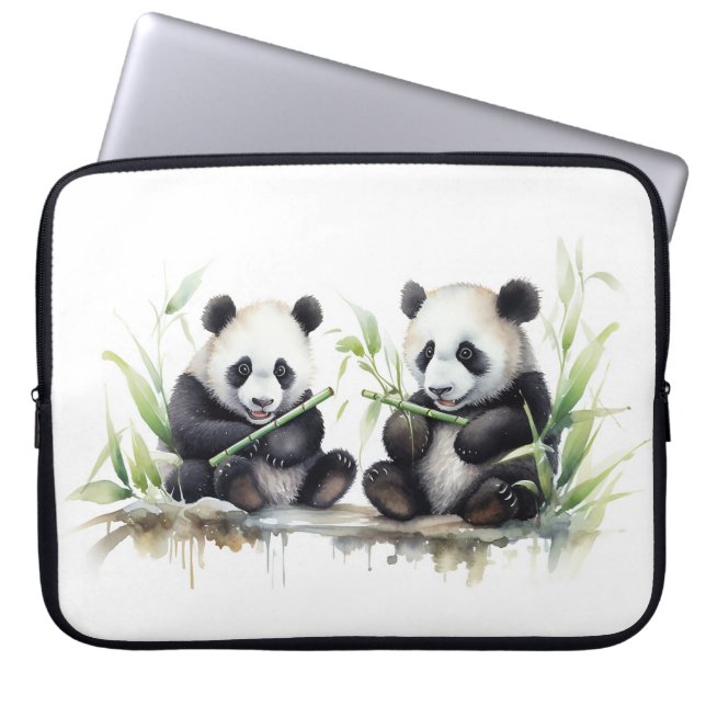 Capa Para Notebook Ursos De Panda De Aquarela Com Bambu (Frente)