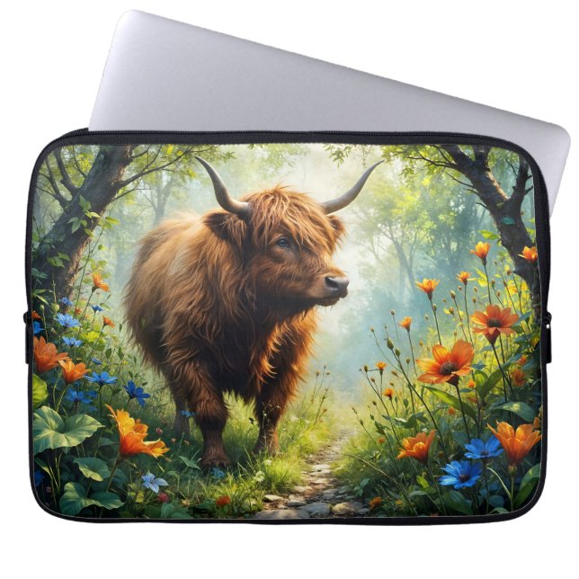 Capa Para Notebook Vaca das Terras Altas no bosque com flores silvest (Frente)