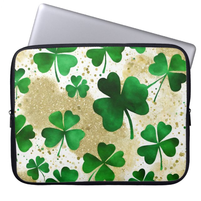 CAPA PARA NOTEBOOK VERDE E DOURADA WATERCOLOR IRLANDESA SHAMROCKS (Frente)