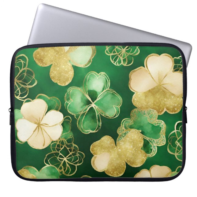 CAPA PARA NOTEBOOK VERDE E DOURADA WATERCOLOR IRLANDESA SHAMROCKS (Frente)