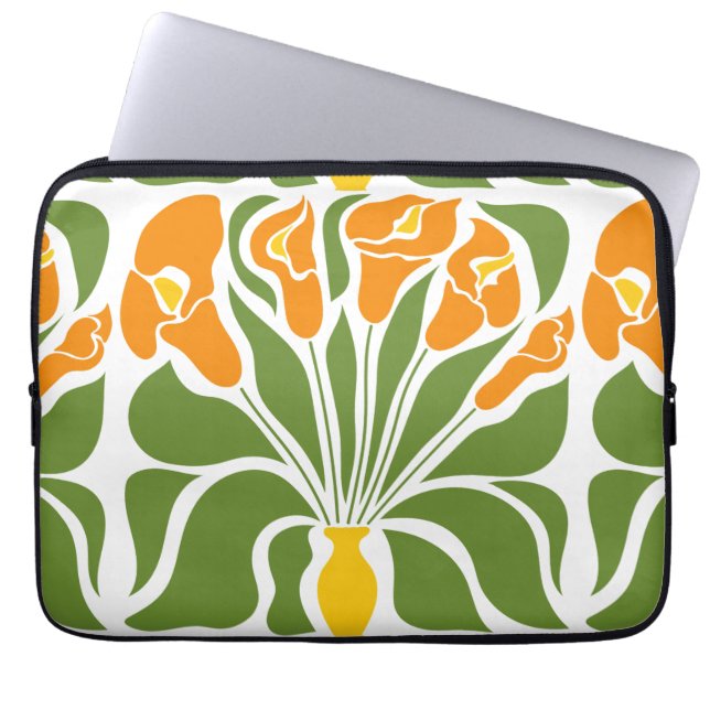 Capa Para Notebook Verde & Laranja Moderno Floral Abstrato (Frente)