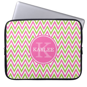 Capa Para Notebook Verde limão rosa moderno Chevron e Monograma