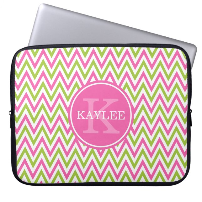 Capa Para Notebook Verde limão rosa moderno Chevron e Monograma (Frente)